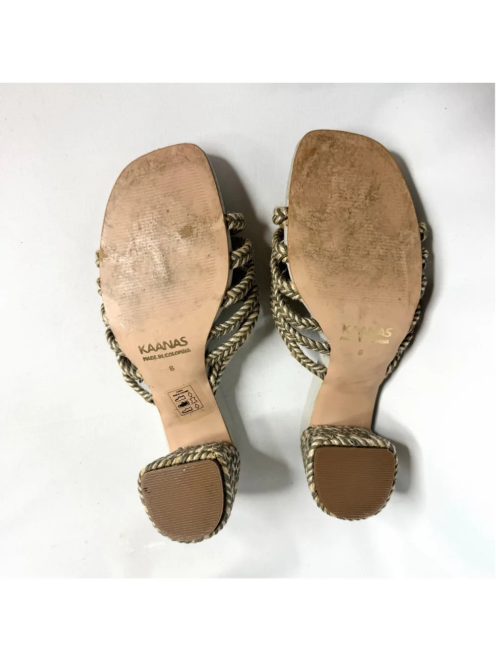 Women's KAANAS Beige Grey Woven Jute Block Heel Sandals Size 8